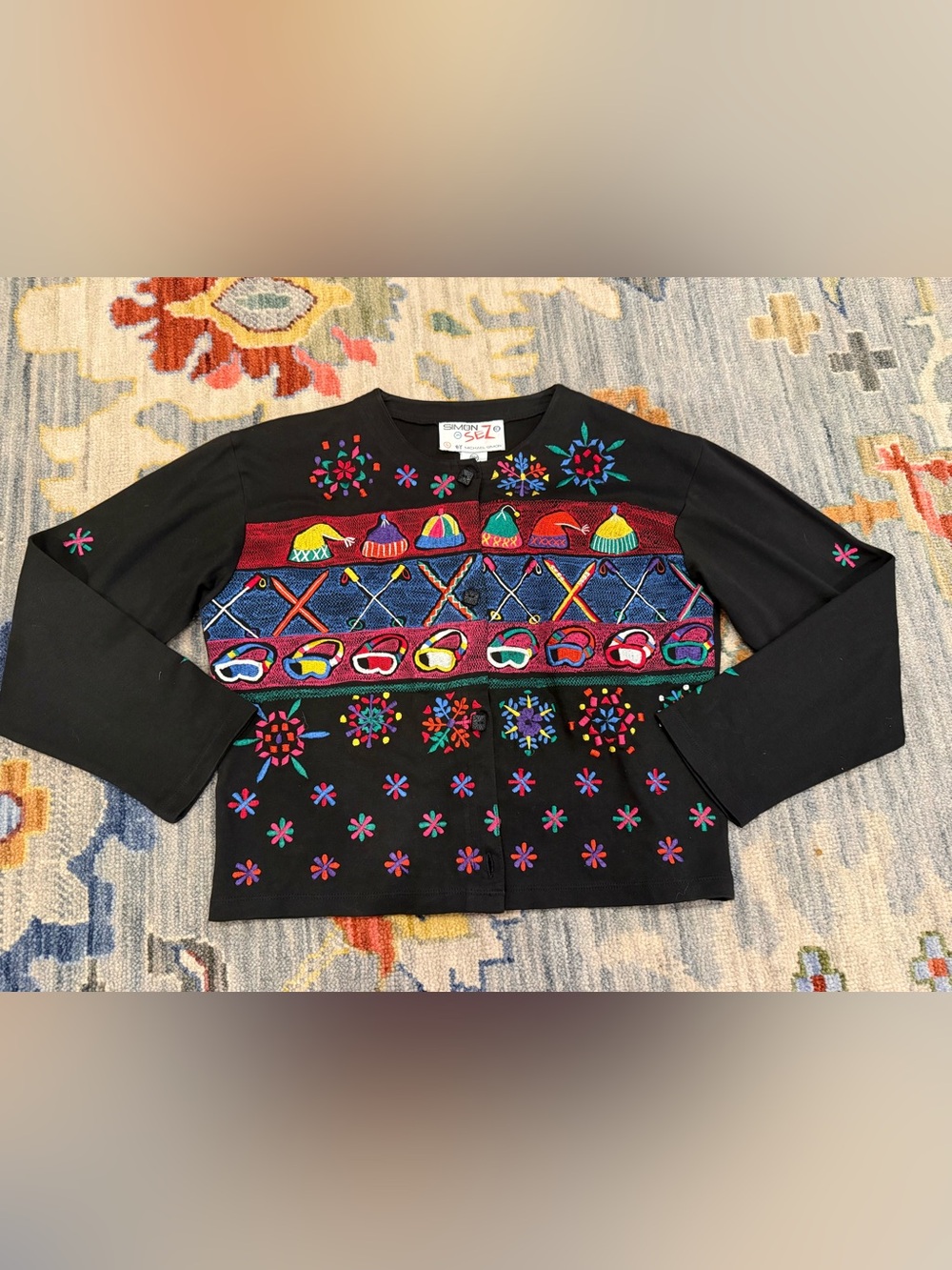 VTG Michael Simon Sez Cardigan Black Snow Ski Embroidered 12/14 Girls EUC